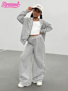 Minimalist Fashion Tween Girl Plain Long Sleeve Zip Hooded Jacket & Wide Leg Pants Casual Suit Fall Winter - Grey - View 5