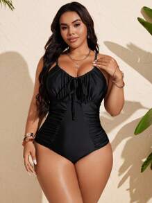 Swim Lushoire Đồ bơi một mảnh hở lưng khoét sâu cổ chữ V màu đen cỡ lớn cho nữ, kỳ nghỉ hè ở bãi biển - màu đen - Xem 3