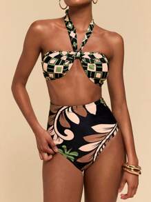 Travachic 女士夏季几何花卉印花挂脖比基尼套装 - 彩色 - 查看 1