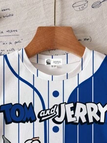 TOM & JERRY X SHEIN 男童休闲卡通条纹数字印花短袖T恤，藏青色英文字母图案，舒适夏日