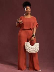 Veslaya 春夏新品，休闲通勤度假日常穿搭，纯色卡其色宽松落肩短袖圆领口袋上衣搭配超长直筒裤，梭织纹理面料，女士加大码两件套 - 紅木色 - 查看 1