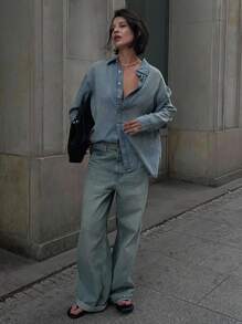 DAZY Women's Distressed Loose Denim Shirt Long Sleeve Top - Blue - View 4