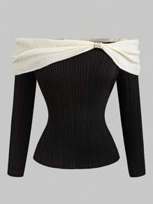 Velvienne Suéter elegante de hombros descubiertos con bloques de color para tallas grandes