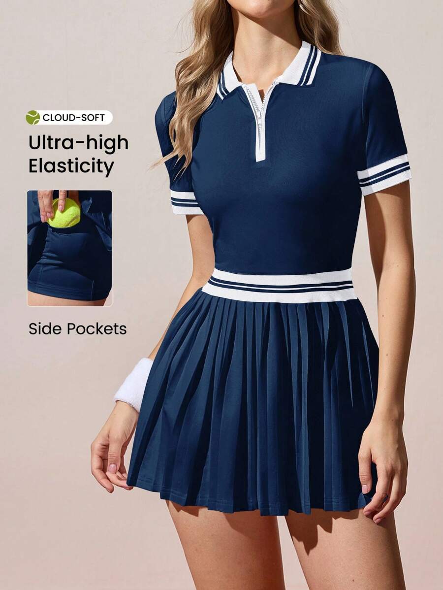 CourtClass Contrast Stripe Pleated Hem Sports Dress Pleated Tennis Dress Tennis Dress With Pockets Short Sleeve Tennis Dress Polo Tennis Dress Women Tennis Apparel Polo Dress Women Women Tennis Dress Tennis Skirt Sets - Navy Blue - View 1