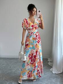 Rafferiza Pleated Slit Floral Print V-Neck Casual Vacation Bohemian Style Dress For Women Summer Dress