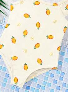 女婴奶油色休闲修身水果花卉图案连体泳衣，适合夏季 - 彩色 - 查看 4