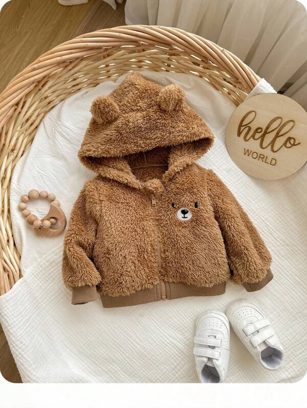 SHEIN Newborn Baby Girl Cute Brown Fuzzy Hooded Casual Jacket, Suitable For Autumn/Winter Baby Bear Jacket Baby Hooded Cardigan Baby Girl Cute Sweater Jacket Toddler Winter Jacket Baby Fuzzy Jacket Fall