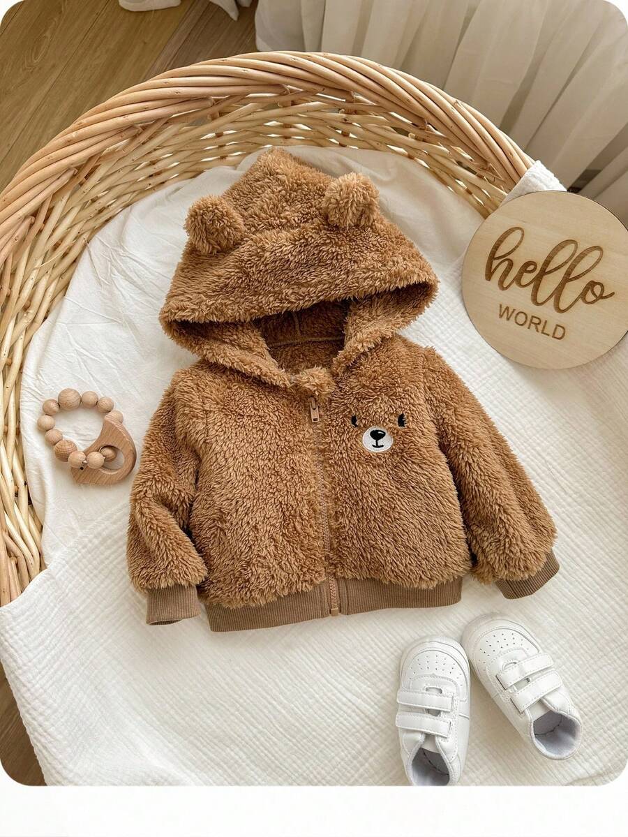 SHEIN Newborn Baby Girl Cute Brown Fuzzy Hooded Casual Jacket, Suitable For Autumn/Winter Baby Bear Jacket Baby Hooded Cardigan Baby Girl Cute Sweater Jacket Toddler Winter Jacket Baby Fuzzy Jacket Fall - Brown - View 1