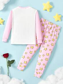 LE PETIT PRINCE X SHEIN Ensemble pyjama avec t-shirt à manches longues décontracté et polyvalent avec motif graphique de personnage de dessin animé de jeune fille et motif rose, et pantalon imprimé d'étoiles