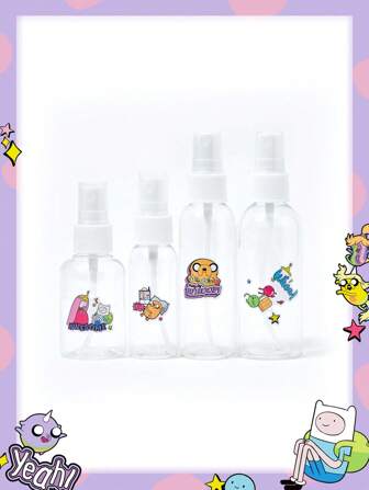 Adventure Time X ROMWE Set de 4 mini botellas de rocío transparentes de PET con diseños de dibujos animados para cosméticos y perfumes