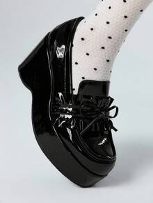 Sugerpunk Women's Round Toe Platform Thick Bottom Black Floral Decor Black PU Glossy Material Fashion Comfortable Daily Party Wear Flats