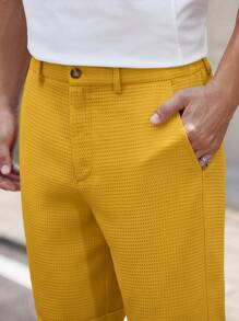 Manfinity VCAY 男士梭织纯色短款中腰直筒短裤，适合日常穿着，春夏季男士黄色短裤男士休闲短裤男士针织短裤男士百慕大短裤男士半裤男士黄色短裤男士纹理短裤男士夏季短裤男士半裤