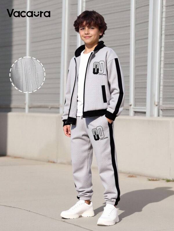 Conjunto de 2 peças: Jaqueta com capuz e zíper, estampa de letras texturizadas, moda para meninos mais velhos, e calças esportivas com cordão no tornozelo, primavera/outono/inverno