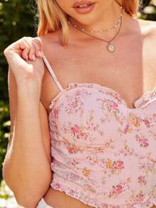 WESTFADE Country Mix Media 碎花印花蕾丝甜心领褶饰后背修身紧身胸衣式无袖荷叶边上衣，适合夏季女士 - 粉色 - 查看 5