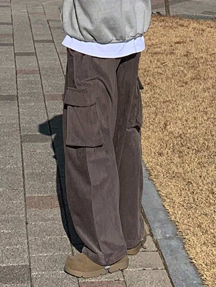 Men's Solid Brown Pants With Large Pockets, Autumn