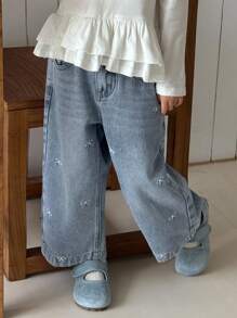 Dazy Kids 女童蝴蝶结刺绣牛仔裤，年轻女孩秋装 - 藍色 - 查看 3