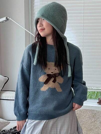 DAZY 女童休闲宽松卡通熊图案长袖套头毛衣