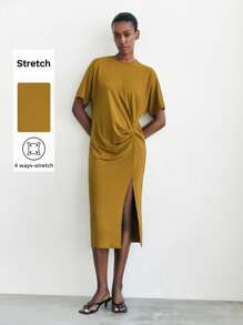 Maija Women Solid Color Crew Neck Short Sleeve Ruched Side Split Dress