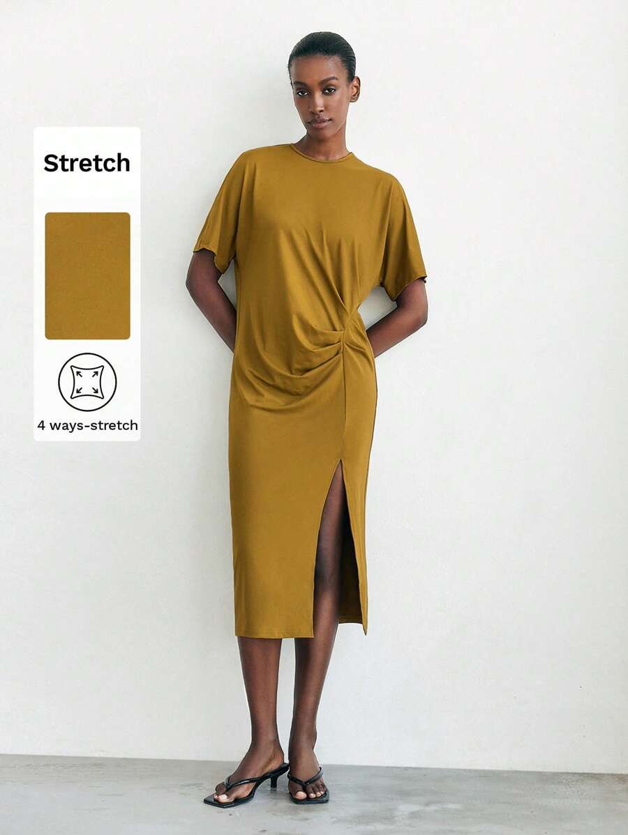 Maija Women Solid Color Crew Neck Short Sleeve Ruched Side Split Dress