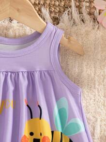 SHEIN Playful Pals Baby Girls' Cute Bee Animal Element Sleeveless Dress, Fashion New Style For Spring & Summer - Purple - View 5