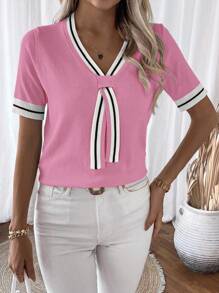 SHEIN LUNE 女式拼色条纹短袖针织上衣