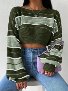 SHEIN Unity Women's Contrast Color Round Neck Ribbed Knit Cropped Casual Pullover Sweater Knit Pullover Fall Winter - Army Green - View 4