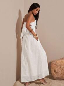 Opulessa 女士纯色镂空刺绣系带露背连衣裙