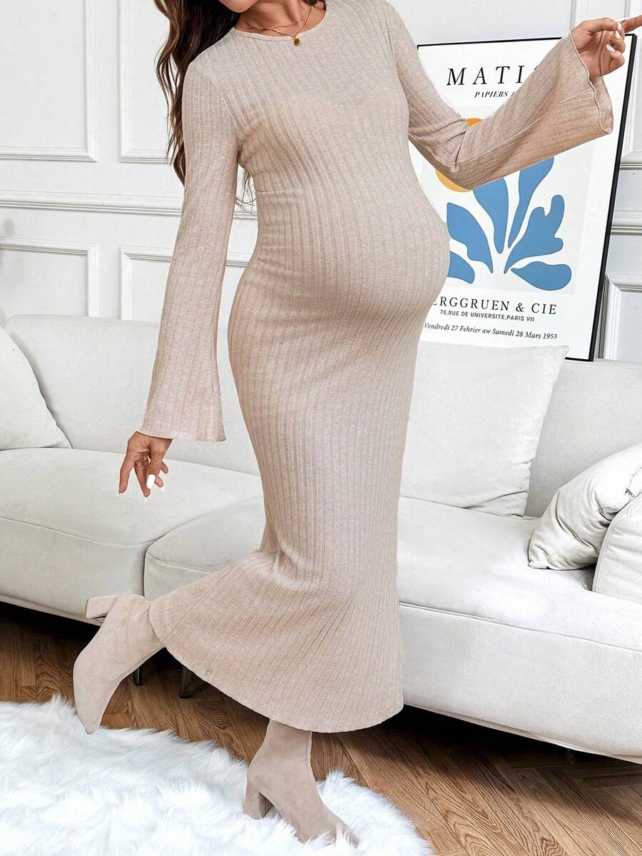 SHEIN Pregnant Women's Solid Color Ribbed Crew Neck Long Sleeve Dress - Khaki - View 1
