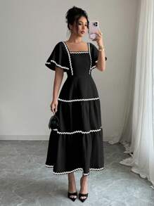 Rafferiza 女式方领泡泡袖纹理法式度假荷叶边下摆连衣裙，优雅奶油黄色