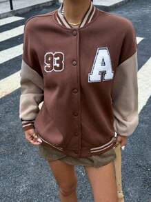 少女棕色拼布撞色字母贴花装饰超大棒球夹克 - 棕色 - 查看 7