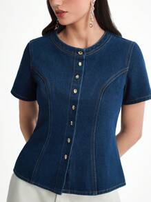 Daynim 女士休闲短袖圆领腰牛仔衬衫 - 中等水洗藍 - 查看 1