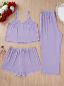 SHEIN Bộ đồ ngủ 3 món ren trơn màu mùa hè cỡ lớn, quần short và quần dài cho nữ, trang phục - Màu tím - Xem 2