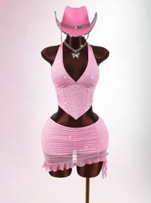 Amplova 女式性感亮片露背吊带上衣和迷你裙两件套