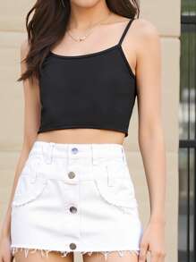 青少年女孩时尚双腰带纽扣设计白色牛仔短裤 - 白色 - 查看 3