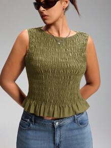 LYSMO Plus Size Women Summer Boho Elastic Ruched Camisole Tank Top Smocked Top Green Top Women,Back To School - Green - View 4