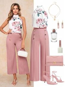 Ellevyn 女式花卉印花露背背心和裤子两件套休闲套装，夏季两件套女士粉色商务休闲女装女士办公室服装商务女装西方女装 Palazzo 女士机场服装教师女士教师服装女士教师服装女士教师服装女士夏季服装女士度假两件套西方女装职业女性服装女士商务休闲办公室服装粉色 - 粉色 - 查看 3