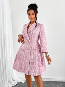 Maweii 大码女式羊毛翻领长袖优雅双排扣褶边西装连衣裙优雅浪漫，正式女装，适合音乐节派对等场景 - 粉色 - 查看 4