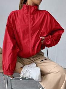 SHEIN EZwear 女士编织纯色简约休闲长袖夹克红色夹克外套 Y2k 秋冬拉链夹克 - 紅色 - 查看 4