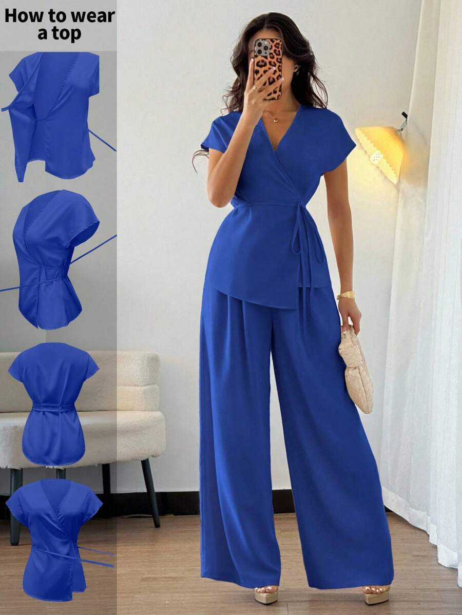 Elenzga 女士优雅裹身式蝙蝠袖雪纺上衣+阔腿宽松裤两件套，米色，适合夏季外出、约会、度假 - 霧霾藍 - 查看 1