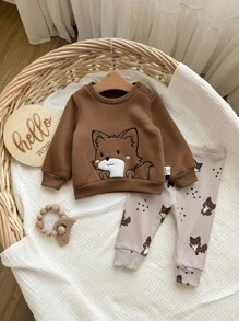 SHEIN Set di felpa con maniche lunghe e pantaloni con motivo carino a cartoni animati per neonata