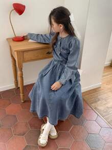 Hapijoa 青少年女孩纯色圆领泡泡袖长袖单排扣牛仔套装