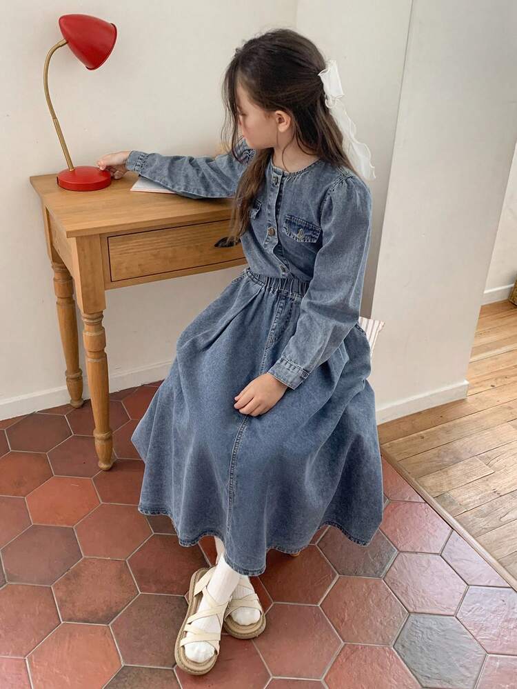 Tween Girl Solid Color Round Neck Puff Sleeve Long Sleeve Single-Breasted Denim Suit