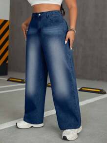 EURMUSE Plus Size Women Embroidered Mid-Waist Button Pocket Straight Leg Jeans - Dark Wash - View 3