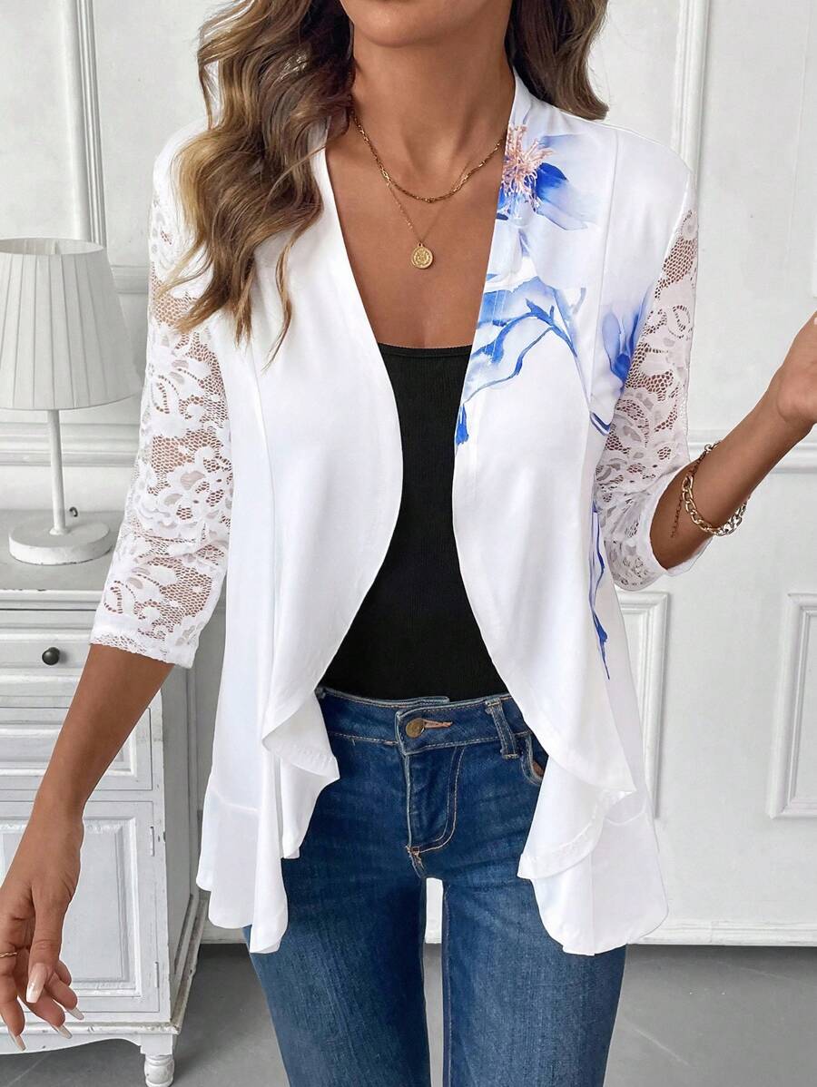 SHEIN Clasi Women's Black Contrast Lace Ruffled Hem Collarless Jacket,Fall Women Clothes ,Business Casual Women