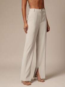 Silquee 女式休闲纯色开叉下摆西装裤 - 卡其色 - 查看 5