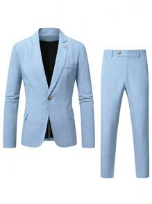 Manfinity Mode 男士休闲商务两件套西装，纯色西装套装夹克和裤子，简约时尚休闲日常穿着婚礼西装舞会西装男士，适合情人节周年纪念日等场合，是送给男朋友或丈夫的绝佳礼物。 - 淺藍色 - 查看 5