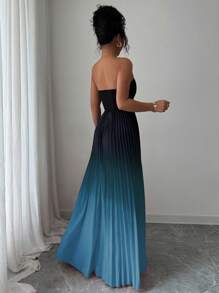 Elenzga 渐变色优雅浪漫褶饰腰部 A 字形下摆露肩连衣裙 - 彩色 - 查看 2