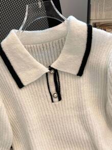 Franclia Damen klassischer französischer minimalistischer Strick-Oberteil, Schwarz-Weiß-Kontrast-Pullover, Strick-Pullover für Herbst/Winter, Arbeitsbluse für Damen - Weiss - Übersicht 3