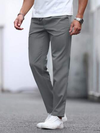Manfinity Basics Men's Solid Color Drawstring Waist Pockets Wide Leg Loose Casual Pants, Versatile Casual Men Pants