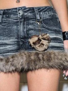 Paul Frank X ROMWE 合作款 Y2K 少女拼接人造毛皮豹纹心形吊坠超低腰女式牛仔迷你裙 - 藍色 - 查看 7